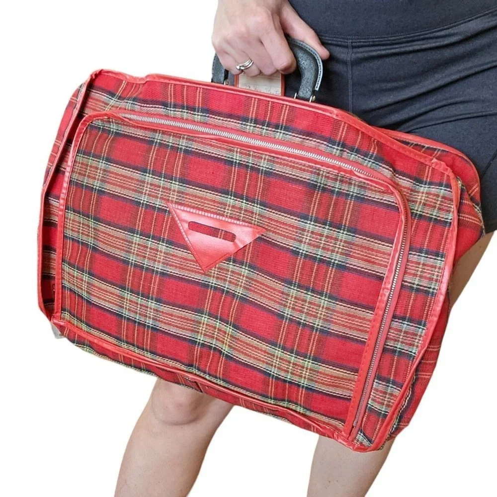 60s Retro Red Plaid Softshell Suitcase Carryon Luggage W Small Matching Bag 2 Pc
